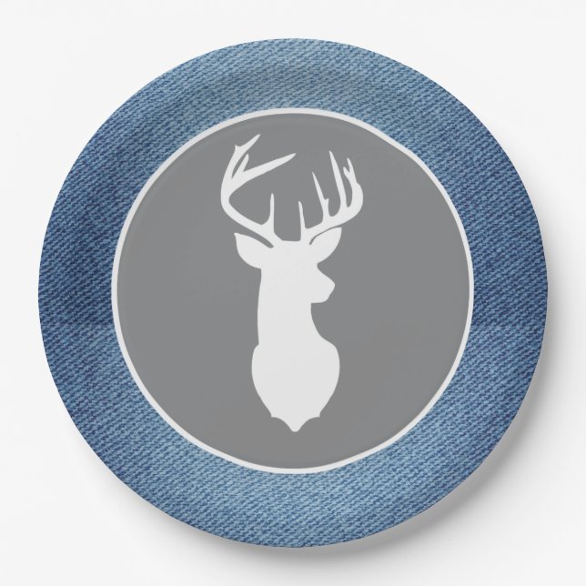 Young Buck White Deer Denim Gray Party Plates (Front)
