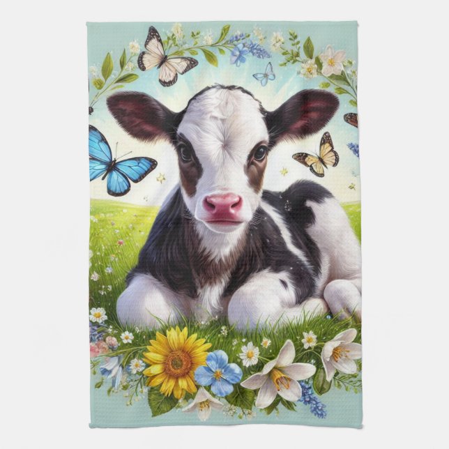 Young Calf with Floral Wreath and Butterflies Kitchen Towel (Vertical)