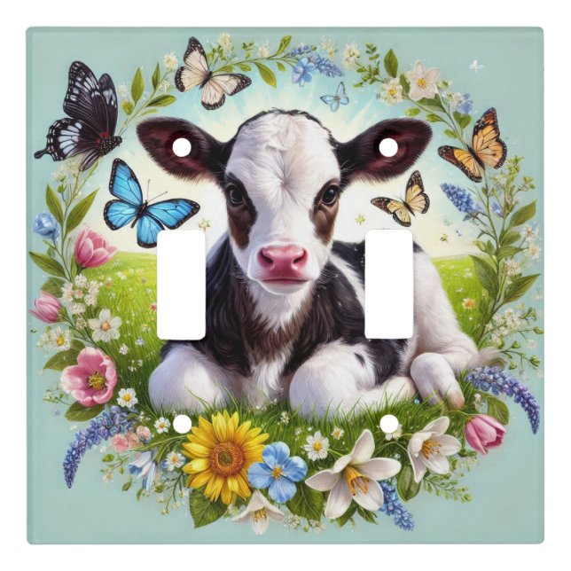 Young Calf with Floral Wreath and Butterflies Light Switch Cover (Front)