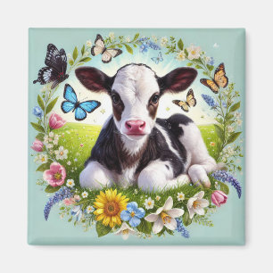Young Calf with Floral Wreath and Butterflies Magnet