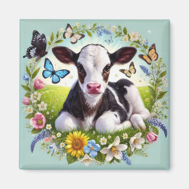 Young Calf with Floral Wreath and Butterflies Magnet (Front)