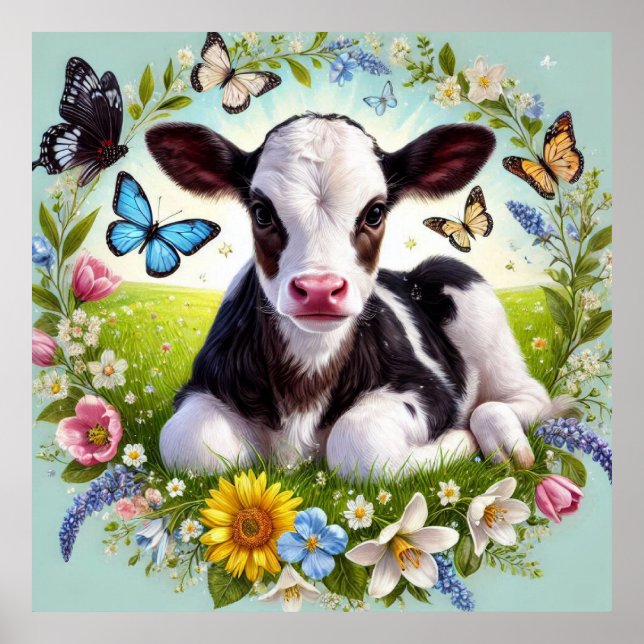 Young Calf with Floral Wreath and Butterflies Poster (Front)