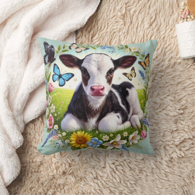 Young Calf with Floral Wreath and Butterflies Throw Pillow (Blanket)