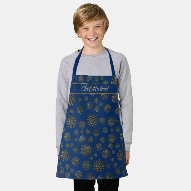 Young Chef's Personalized Snowflakes on Navy Blue Apron (Worn)