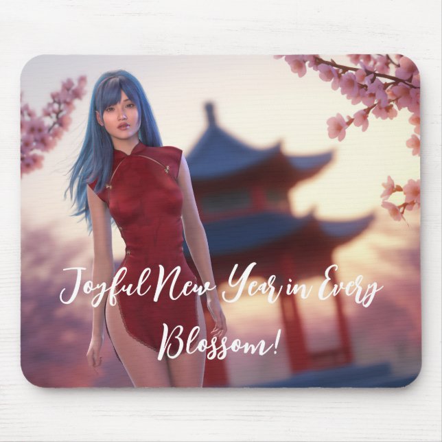 Young Cheongsam Beauty Posing for Chinese New Year Mouse Pad (Front)