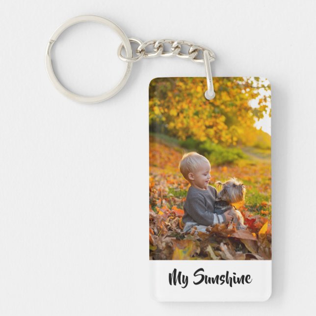 Young child with dog modern personalized photo keychain (Front)