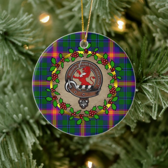 Young Clan Badge & Tartan Personalized Christmas Ceramic Ornament (Tree)