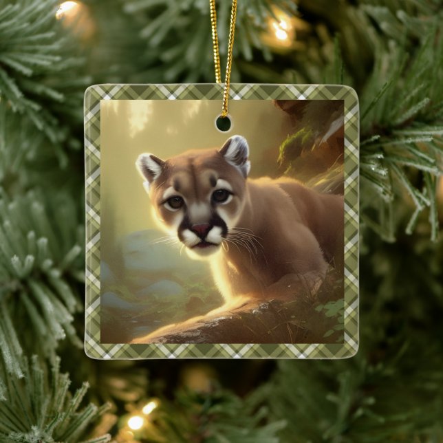 Young Cougar Wildlife Portrait Personalized  Ceramic Ornament (Tree)
