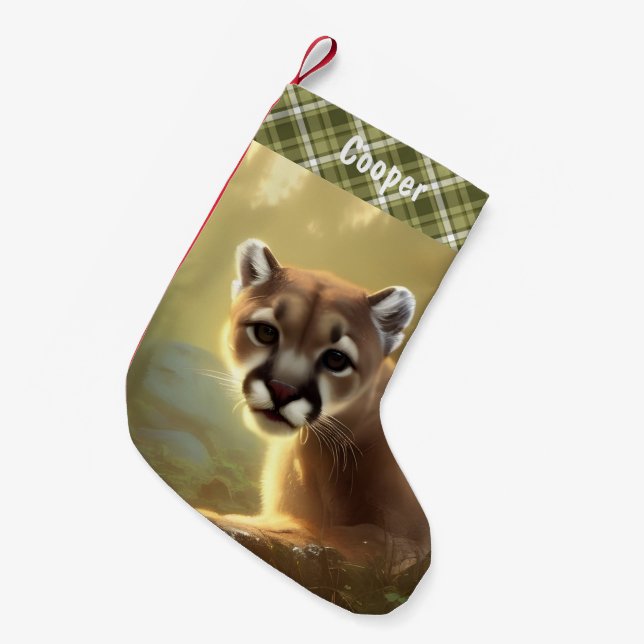 Young Cougar Wildlife Portrait Personalized  Small Christmas Stocking (Front (Hanging))