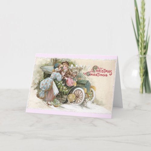 Young Couple and Vintage Cabriolet Christmas Holiday Card