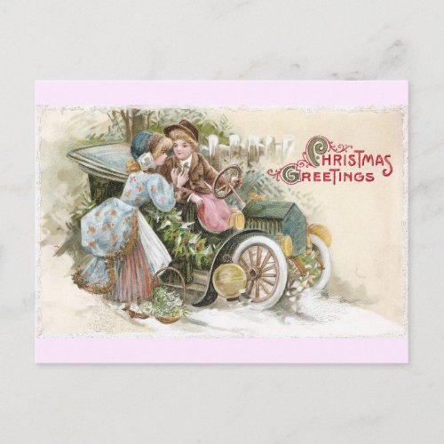 Young Couple and Vintage Cabriolet Christmas Holiday Postcard