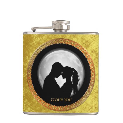 Young couple black silhouette kissing one another flask