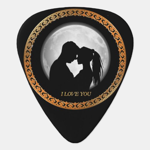 Young couple black silhouette kissing one another guitar pick