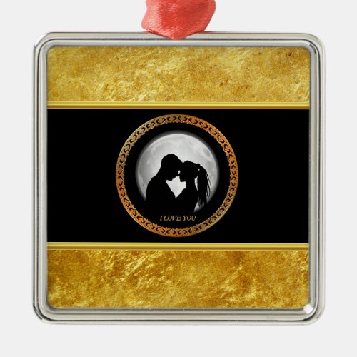 Young couple black silhouette kissing one another metal ornament