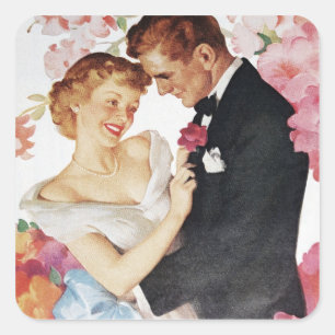 Young couple in formal wear square sticker