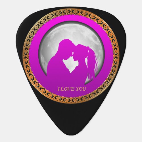 Young couple pink silhouette kissing one another guitar pick