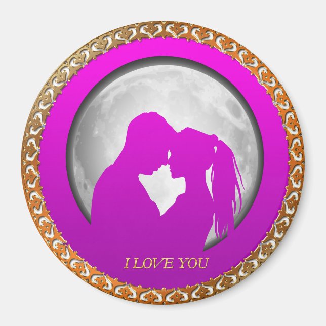 Young couple pink silhouette kissing one another magnet (Front)