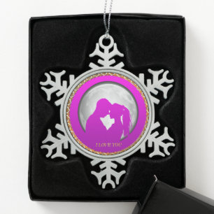 Young couple pink silhouette kissing one another snowflake pewter christmas ornament