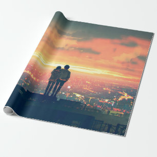 young couple standing on the roof top looking at c wrapping paper