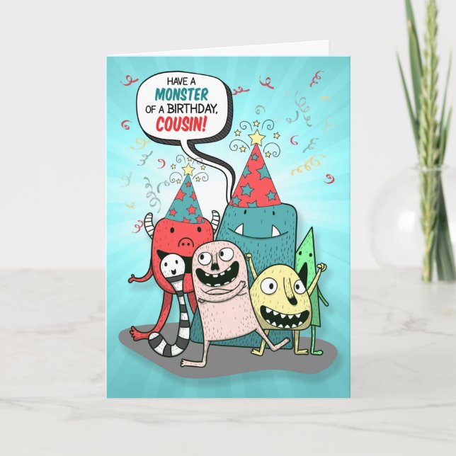 Young Cousin Red and Teal Monster Birthday Card (Front)