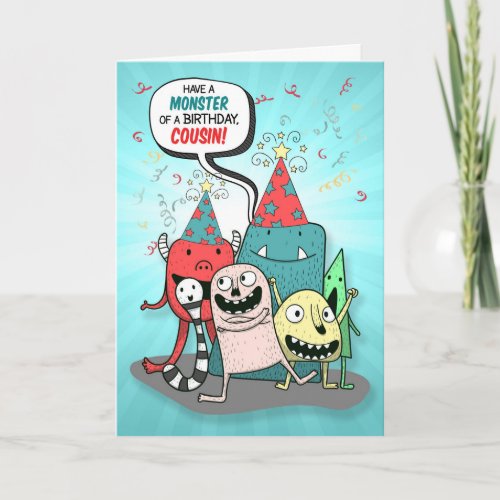 Young Cousin Red and Teal Monster Birthday Card