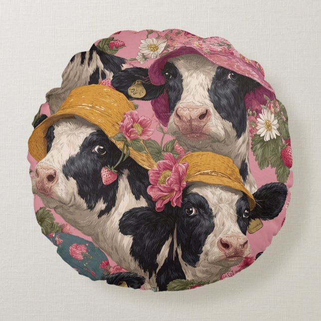 Young Cows Wearing Spring Hats In Strawberry Field Round Pillow (Front)