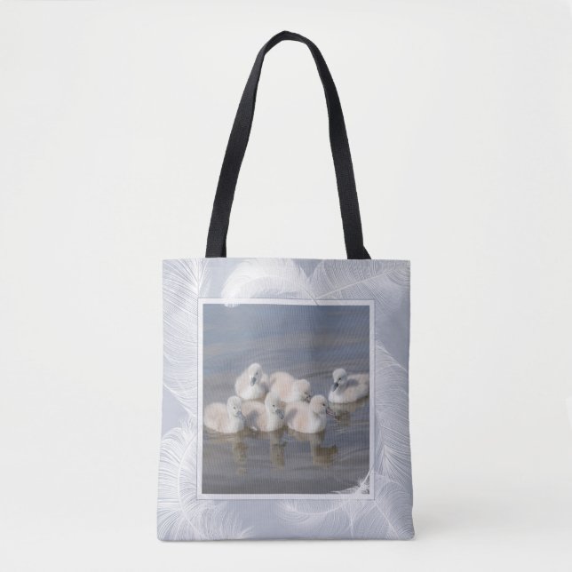 Young Cygnet Swans & Feathers Blue Tote Bag (Front)