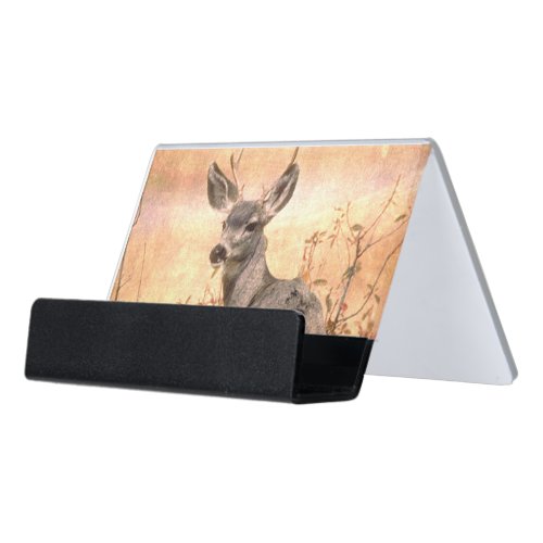 Young Deer in Wildflowers with Grungy Texture Art Desk Business Card Holder