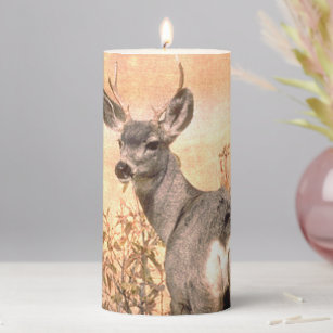 Young Deer in Wildflowers with Grungy Texture Art Pillar Candle