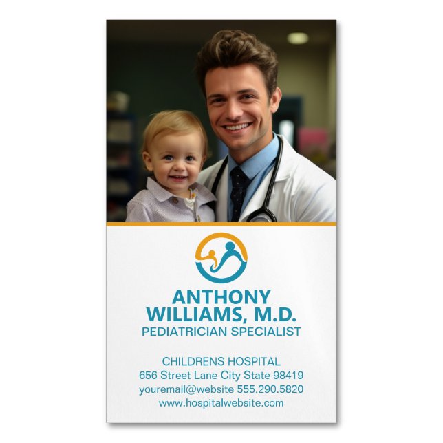 Young Doctor Holding Smiling Child Business Card Magnet (Front Vertical)