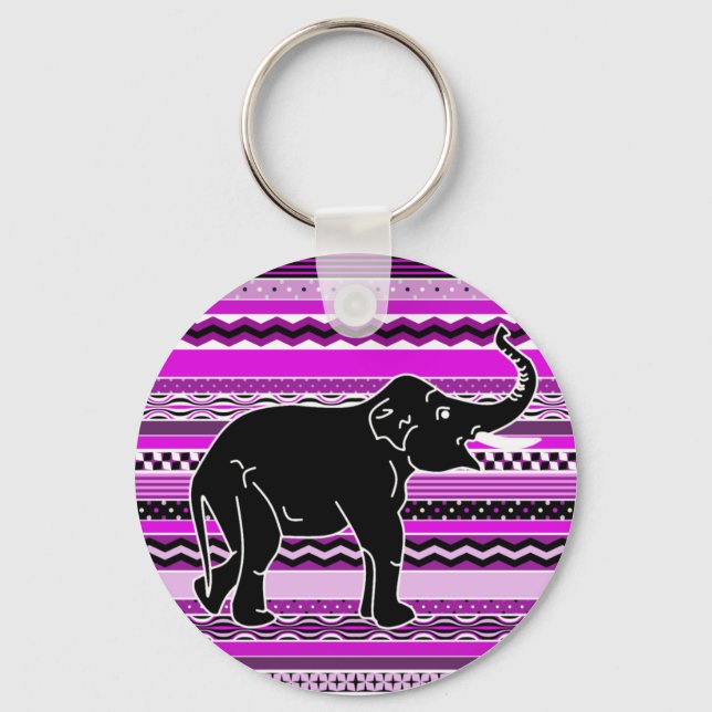 Young Elephant Silhouette on Purple Patterned Keychain (Front)