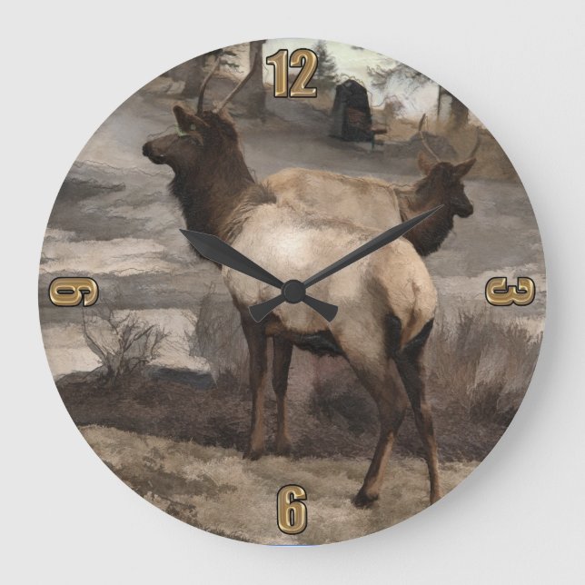 Young Elk Bucks   -  Banff Alberta Large Clock (Front)