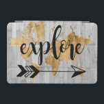 Young Explorer V iPad Mini Cover<br><div class="desc">A cute design featuring a gol
den text phrase and a gold map of the world over a gray plank background.. Artist: Studio W</div>