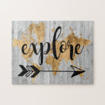 Young Explorer V Jigsaw Puzzle<br><div class="desc">A cute design featuring a gol
den text phrase and a gold map of the world over a gray plank background.. Artist: Studio W</div>