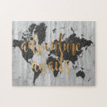 Young Explorer VI Jigsaw Puzzle<br><div class="desc">A cute design featuring a gol
den text phrase and a black map of the world over a gray plank background.. Artist: Studio W</div>