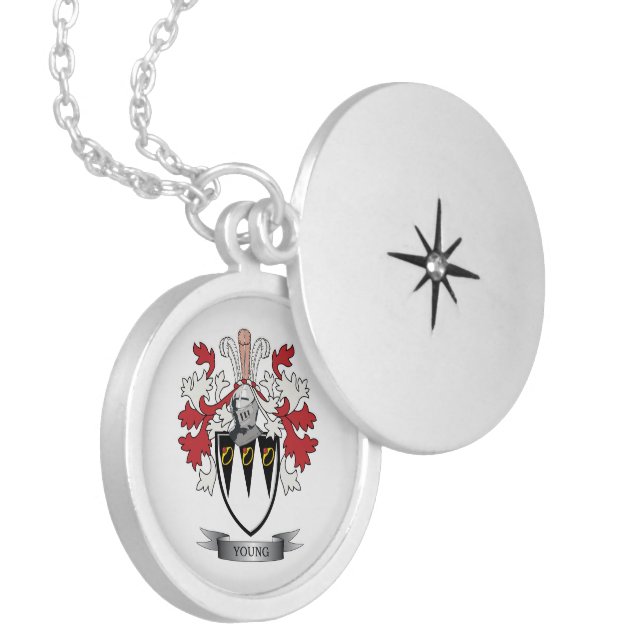 Young Family Crest Coat of Arms Locket Necklace (Front Left)