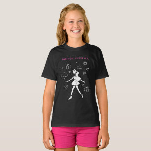 Young Fashion Girl - Sketch in Black, White & Pink T-Shirt