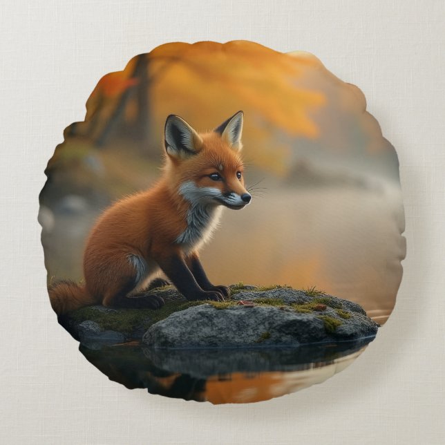 Young Fox in Autumn Round Pillow (Front)