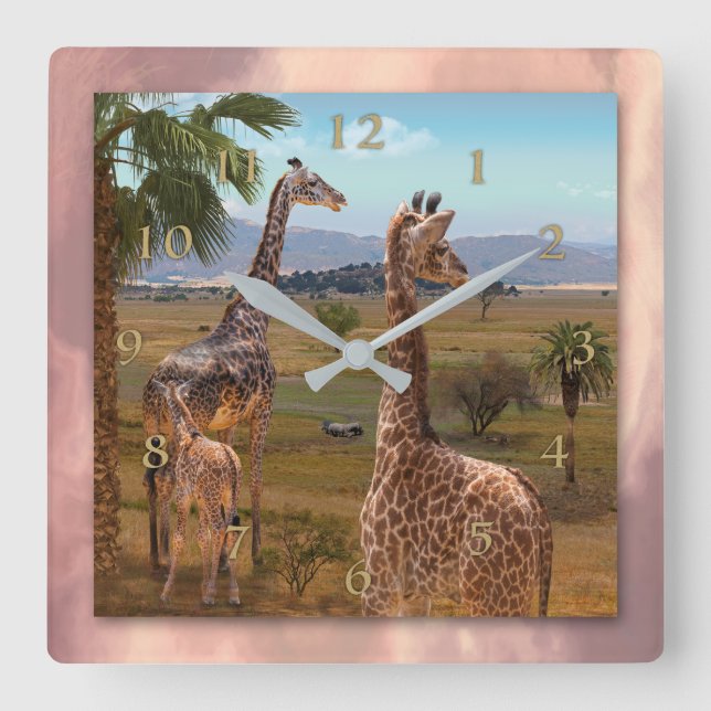 Young Giraffe Twins of Africa Square Wall Clock (Front)