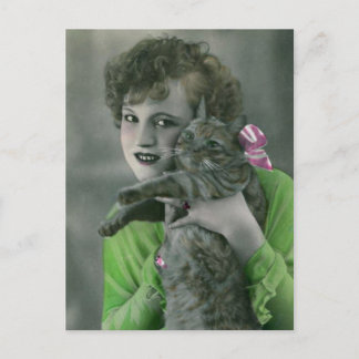 Young Girl and Cat Vintage Glamour Photo Postcard