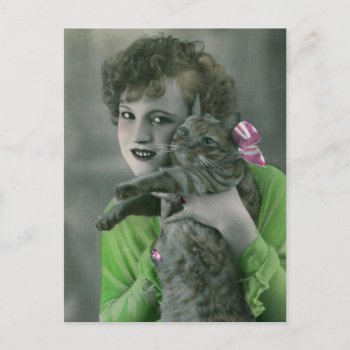 Young Girl And Cat Vintage Glamour Photo Postcard by FrenchFlirt at Zazzle