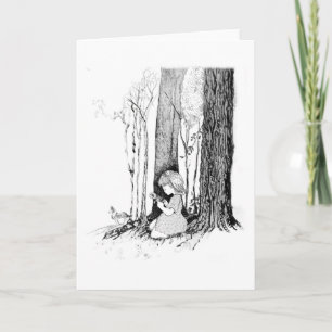 Young girl and dog, picking flowers-simpler times letterpress thank you card