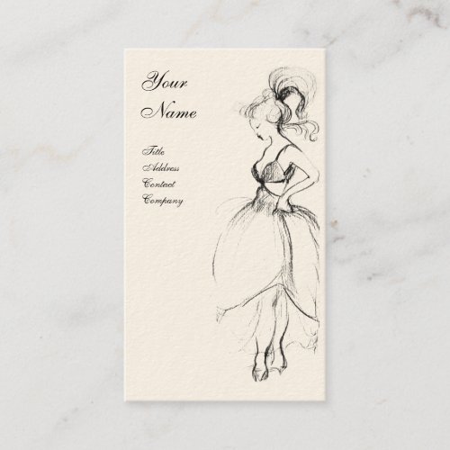 YOUNG GIRL BEAUTY FASHION Black White Drawing Business Card