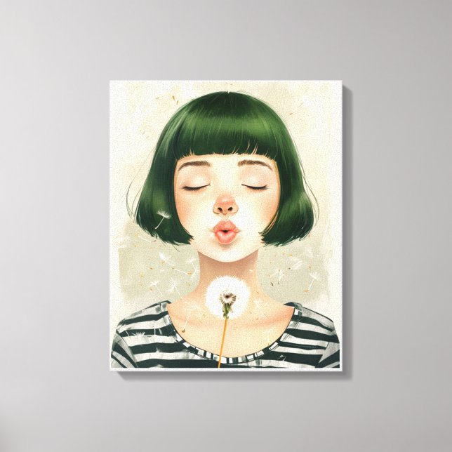 young girl blowing dandelion with closed eyed canvas print (Front)