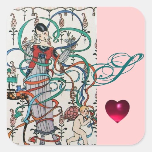 YOUNG GIRL COLORFUL RIBBON SWIRLS CUPID MONOGRAM SQUARE STICKER