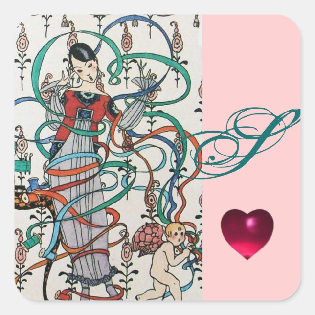 YOUNG GIRL ,COLORFUL RIBBON SWIRLS, CUPID MONOGRAM SQUARE STICKER (Front)