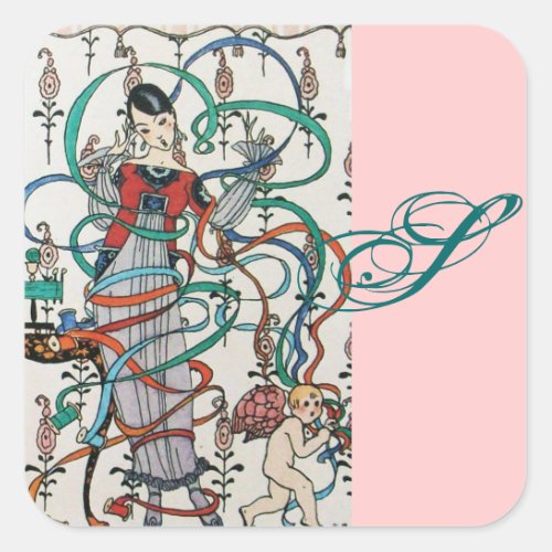 YOUNG GIRL COLORFUL RIBBON SWIRLS CUPID MONOGRAM SQUARE STICKER