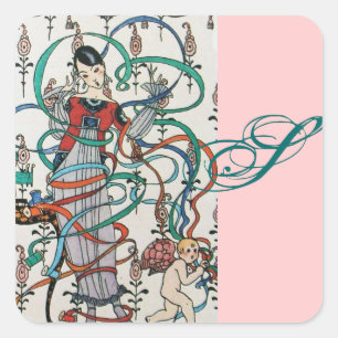 YOUNG GIRL ,COLORFUL RIBBON SWIRLS, CUPID MONOGRAM SQUARE STICKER