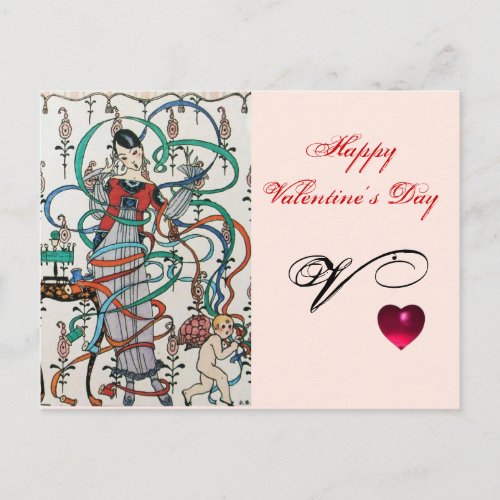 YOUNG GIRLCOLORFUL RIBBON SWIRLSCUPID Valentine Holiday Postcard