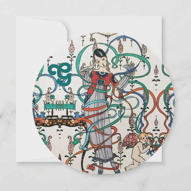 YOUNG GIRL,COLORFUL RIBBONS BRIDAL SHOWER MONOGRAM INVITATION (Front)